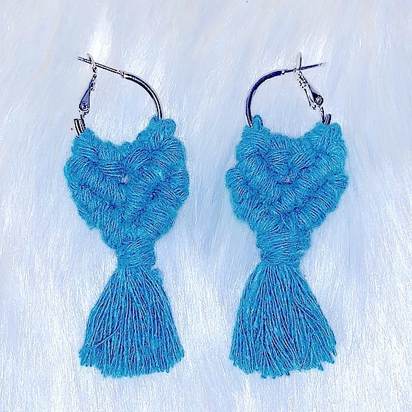 🆕*Macrame Earrings Handmade Teal Cotton Macrame Silver Hoops 4 Bohemian Goddess - Picture 5 of 16